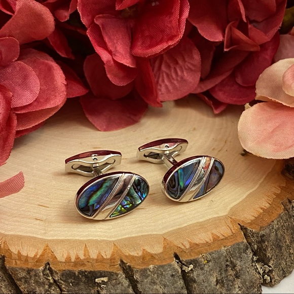 Natural Abalone Shell Silver Oval Cufflinks - Picture 4 of 16
